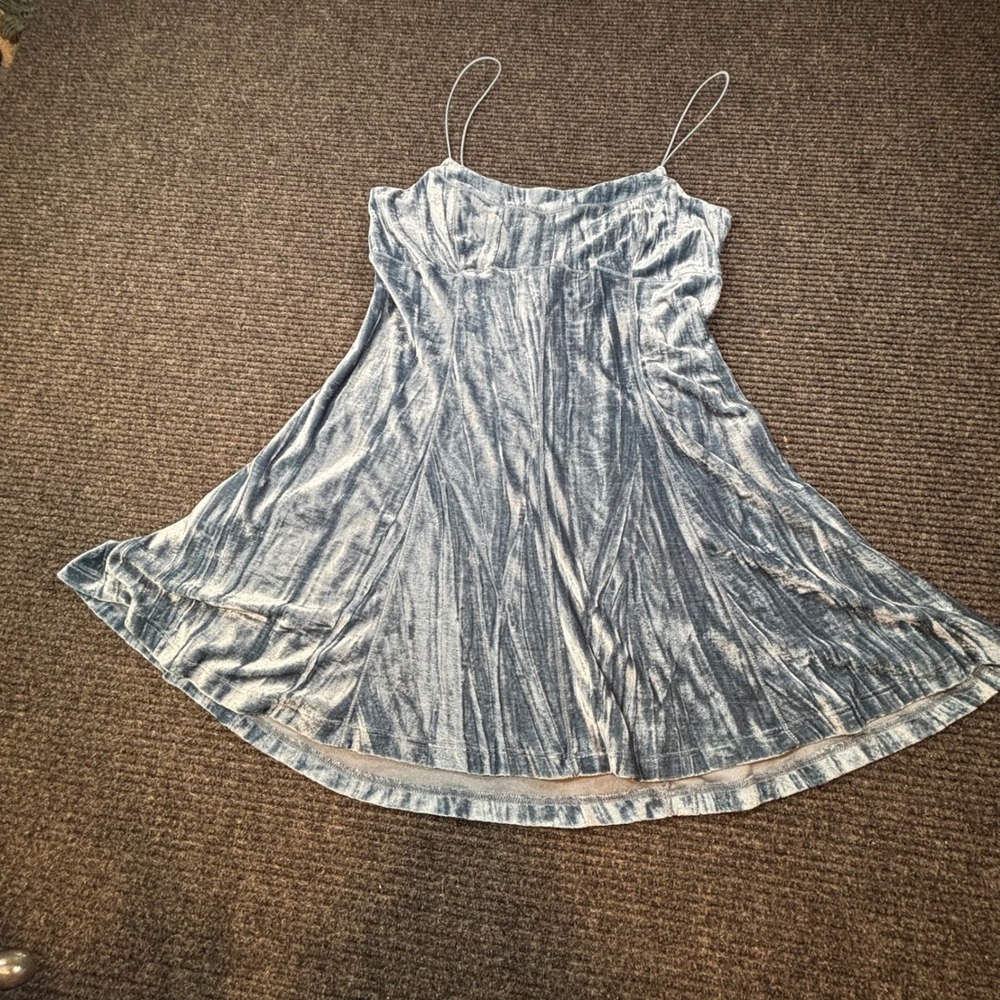 Wild Fable Blue Crushed Velvet Mini Dress Spaghetti Strap Skater Slip Dress M